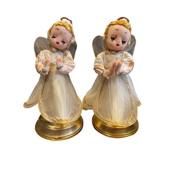 2 MCM Mesh Angels Made In‎ Japan Music Playing Gold Trim Tulle Dress See PHOTOS - Picture 1 of 10